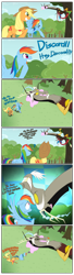 Size: 1280x4709 | Tagged: safe, artist:grievousfan, character:applejack, character:discord, character:rainbow dash, species:draconequus, species:earth pony, species:pegasus, species:pony, comic, eye contact, female, grin, laughing, looking at each other, male, mare, nap, pouting, pun, question mark, smiling, tree