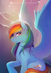 Size: 2125x3070 | Tagged: dead source, safe, artist:antiander, part of a set, character:rainbow dash, species:pegasus, species:pony, beautiful, big wings, blushing, cloud, colored hooves, female, looking at you, mare, profile, sitting, solo, spread wings, wings