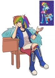 Size: 800x1131 | Tagged: safe, artist:gomigomipomi, character:rainbow dash, species:human, my little pony:equestria girls, eared humanization, female, humanized, ponied up, sitting, solo, winged humanization