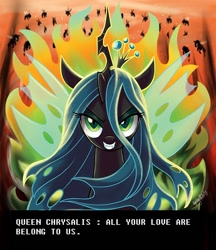 Size: 604x700 | Tagged: safe, artist:yulyeen, character:queen chrysalis, species:changeling, all your base are belong to us, meme, parody, zero wing