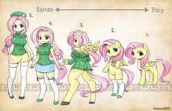 Size: 1600x1035 | Tagged: safe, artist:shepherd0821, character:fluttershy, species:anthro, species:human, species:pegasus, species:pony, species:unguligrade anthro, :3, :o, anthro chart, anthro with ponies, beret, big breasts, bipedal, breasts, busty fluttershy, chart, clothing, cute, female, hat, humanized, line-up, looking at you, looking back, mare, off shoulder, off shoulder sweater, open mouth, scale, semi-anthro, skirt, sleeveless turtleneck, smiling, socks, spread wings, sweater, sweater puppies, sweatershy, thigh highs, wings