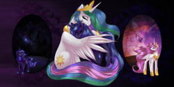 Size: 2000x1000 | Tagged: safe, artist:rizcifra, character:princess celestia, character:princess luna, species:alicorn, species:pony, g4, adobe imageready, cosmic love, cute, cutelestia, duality, duo, duo female, eyes closed, feels, female, floral, florence and the machine, frown, hug, looking up, lunabetes, mare, s1 luna, sad, sadorable, sisterly love, sitting, song reference, spread wings, window, winghug, wings