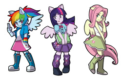 Size: 1000x647 | Tagged: safe, artist:gomigomipomi, character:fluttershy, character:rainbow dash, character:twilight sparkle, species:human, my little pony:equestria girls, book, confident, curious, happy, humanized, ponied up, ponytail, simple background, white background, wings