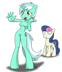 Size: 1976x2296 | Tagged: safe, artist:sandwich-anomaly, character:bon bon, character:lyra heartstrings, character:sweetie drops, species:anthro, species:earth pony, species:pony, species:unguligrade anthro, g4, barbie doll anatomy, breasts, featureless breasts, skinny