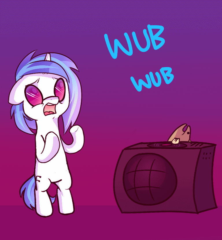 Size: 768x827 | Tagged: safe, artist:pekou, character:dj pon-3, character:vinyl scratch, species:pony, species:unicorn, animated, bipedal, drop the bass, fish, record, solo, turntable, wub