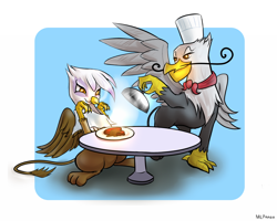 Size: 1000x800 | Tagged: safe, artist:mlpanon, character:gilda, character:gustave le grande, species:griffon, carnivore, cloche, food, griffons doing griffon things, gustave le grande, meat, simple background, table, white background