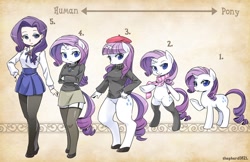 Size: 1600x1035 | Tagged: safe, artist:shepherd0821, character:rarity, species:anthro, species:human, species:pony, species:unguligrade anthro, anthro chart, anthro with ponies, beatnik rarity, beret, bipedal, bottomless, breasts, busty rarity, clothing, dress, female, garter belt, hat, humanized, line-up, pantyhose, scarf, semi-anthro, skirt, socks, stockings, sweater, tights