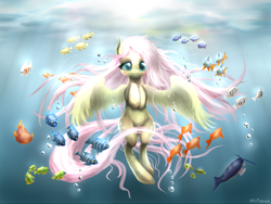 Size: 3000x2250 | Tagged: dead source, safe, artist:mlpanon, character:fluttershy, species:pegasus, species:pony, fish, flowing mane, solo, underwater, watershy