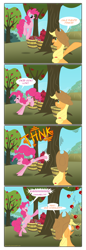 Size: 1024x2964 | Tagged: safe, artist:grievousfan, character:applejack, character:pinkie pie, species:earth pony, species:pony, apple, applebucking, candy apple (food), comic, duo, duo female, female, food, mare, orchard, rearing, spanish, translation, tree