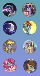 Size: 1000x1874 | Tagged: safe, artist:uc77, character:derpy hooves, character:dj pon-3, character:doctor whooves, character:fluttershy, character:pinkie pie, character:princess luna, character:rainbow dash, character:time turner, character:twilight sparkle, character:twilight sparkle (unicorn), character:vinyl scratch, species:alicorn, species:earth pony, species:pegasus, species:pony, species:unicorn, female, male, mare, stallion