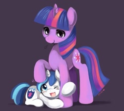 Size: 1009x903 | Tagged: safe, artist:ende26, character:shining armor, character:twilight sparkle, species:pony, species:unicorn, age regression, blushing, colt, cute, female, hug, male, mare, one eye closed, open mouth, role reversal, shining adorable, smiling