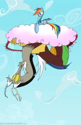 Size: 2700x4162 | Tagged: safe, artist:grievousfan, character:discord, character:rainbow dash, species:draconequus, species:pegasus, species:pony, cloud, cloudy, cotton candy cloud, duo, female, looking at each other, male, mare, on a cloud, prone, sky, upside down
