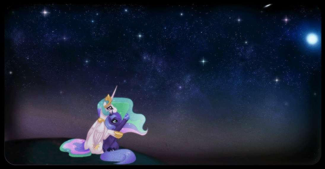 Size: 1096x570 | Tagged: safe, artist:rizcifra, character:princess celestia, character:princess luna, species:alicorn, species:pony, .swf in source, animated, duo, night, night sky, royal sisters, s1 luna, shooting star, sisters, stargazing, stars