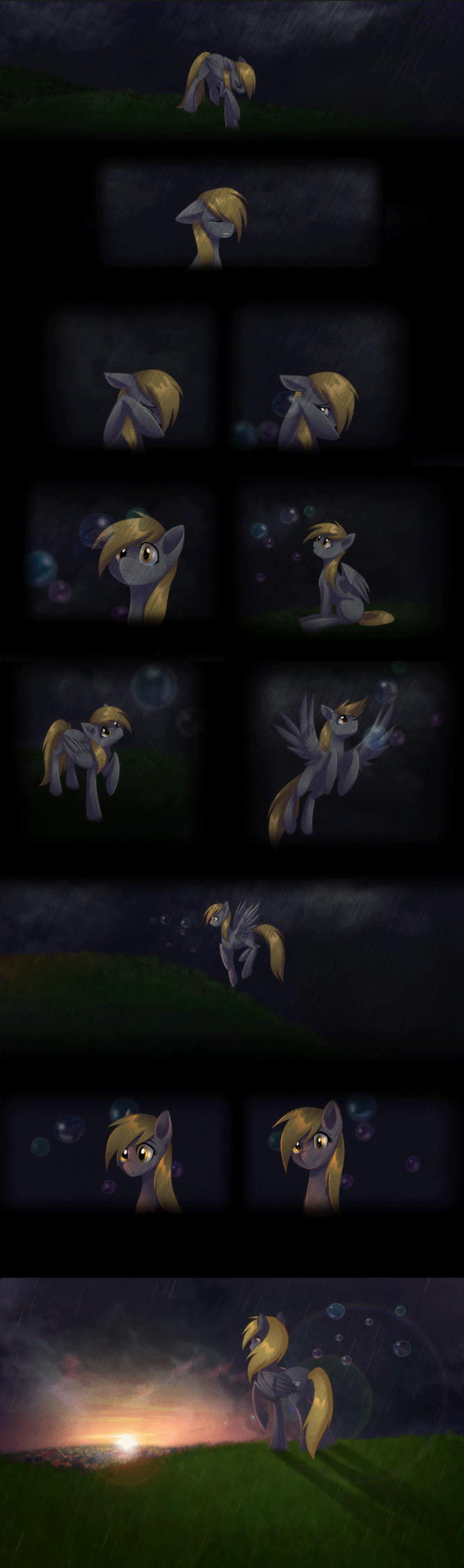 Size: 667x2253 | Tagged: safe, artist:rizcifra, character:derpy hooves, species:pegasus, species:pony, animated, bubble, comic, crying, female, mare, rain, sad, sunrise, wind