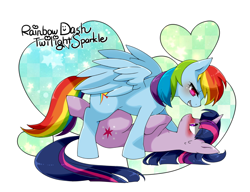 Size: 900x692 | Tagged: safe, artist:zakro, character:rainbow dash, character:twilight sparkle, species:pegasus, species:pony, species:unicorn, ship:twidash, bedroom eyes, blushing, eye contact, female, grin, heart, lesbian, mare, on back, on top, pixiv, shipping, smiling, spread wings, standing, sweat, wings