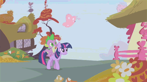 Size: 480x270 | Tagged: safe, artist:superedit, edit, edited screencap, screencap, character:spike, character:twilight sparkle, character:twilight sparkle (unicorn), species:dragon, species:pony, species:unicorn, episode:fall weather friends, g4, my little pony: friendship is magic, animated, butterflies in stomach, butterfly, chomp, dragons riding ponies, duo, eaten alive, eating, female, gif, male, mare, nom, omnivore twilight, predation, raised hoof, riding, smiling, soft vore, talking, the great and powerful superedit, twipred, vore, walking