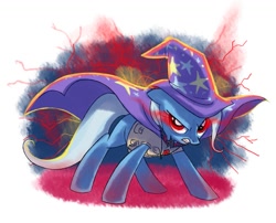Size: 993x804 | Tagged: safe, artist:yulyeen, character:trixie, species:pony, species:unicorn, alicorn amulet, cape, clothing, female, glowing eyes, hat, mare, solo, trixie's cape, trixie's hat, vest