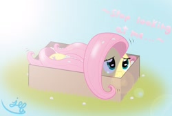 Size: 1570x1062 | Tagged: safe, artist:bugplayer, character:fluttershy, species:pegasus, species:pony, box, cardboard box, female, mare, packaging peanuts, pony in a box, prone, shy, solo