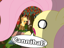 Size: 4000x3000 | Tagged: safe, artist:bugplayer, character:applejack, character:fluttershy, species:earth pony, species:pegasus, species:pony, cannibalism, caught, duo, duo female, eating, female, mare, nom, pointing, shocked, tree, wat, wide eyes