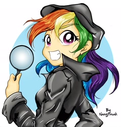 Size: 2000x2094 | Tagged: safe, artist:nancysauria, character:rainbow dash, clothing, detective, female, grin, hat, humanized, looking at you, looking back, looking back at you, magnifying glass, signature, smiling, solo