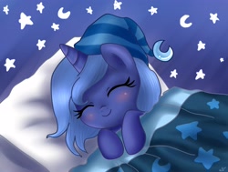 Size: 4544x3444 | Tagged: safe, artist:pridark, character:princess luna, absurd resolution, clothing, cute, filly, hat, hnnng, lunabetes, nightcap, pridark is trying to murder us, sleeping, smiling, solo, weapons-grade cute, woona