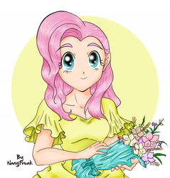 Size: 2000x2094 | Tagged: safe, artist:nancysauria, character:fluttershy, bouquet, clothing, dress, female, flower, humanized, looking at you, signature, smiling, solo, sundress