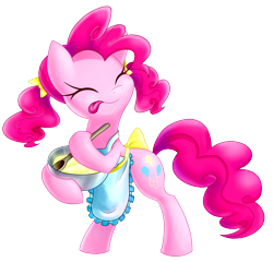 Size: 2838x2723 | Tagged: dead source, safe, artist:gatodelfuturo, character:pinkie pie, species:pony, apron, baking, batter, bipedal, clothing, cute, diapinkes, eyes closed, pigtails, simple background, solo, spoon, stirring, tongue out, transparent background