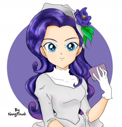 Size: 1800x1885 | Tagged: safe, artist:nancysauria, character:rarity, clothing, dress, evening gloves, female, gloves, hat, humanized, looking at you, signature, smiling, solo