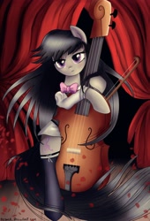 Size: 3526x5199 | Tagged: safe, artist:pridark, character:octavia melody, species:earth pony, species:pony, absurd resolution, bipedal, blushing, bow (instrument), bow tie, cello, clothing, flower petals, long mane, long tail, looking at you, musical instrument, smiling, solo, stockings