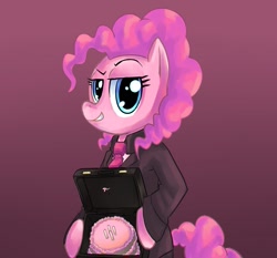 Size: 1075x1000 | Tagged: safe, artist:uc77, character:pinkie pie, species:earth pony, species:pony, bipedal, briefcase, businessmare, cake, clothing, female, gradient background, mare, paint tool sai, solo, suit