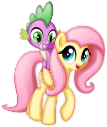Size: 699x830 | Tagged: safe, artist:ctb-36, character:fluttershy, character:spike, species:dragon, species:pegasus, species:pony, ship:flutterspike, cute, dragons riding ponies, female, happy, looking at each other, male, mare, riding, shipping, smiling, spikelove, straight