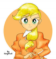 Size: 1600x1676 | Tagged: safe, artist:nancysauria, character:applejack, braid, clothing, dress, female, freckles, humanized, looking at you, signature, smiling, solo