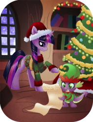 Size: 800x1050 | Tagged: safe, artist:rizcifra, character:spike, character:twilight sparkle, species:elf, book, christmas, clothing, duo, hat, inside, santa hat, snow, snowfall