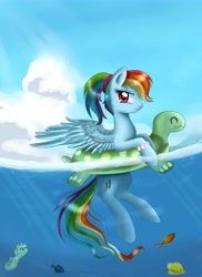 Size: 4120x5670 | Tagged: safe, artist:pridark, character:lyra heartstrings, character:rainbow dash, species:sea pony, absurd resolution, alternate hairstyle, fish, floaty, inner tube, ponytail, seapony lyra, swimming