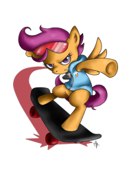 Size: 2400x3200 | Tagged: dead source, safe, artist:gatodelfuturo, character:scootaloo, species:pegasus, species:pony, clothing, high res, simple background, skateboard, solo, sunglasses, transparent background, underhoof, vest