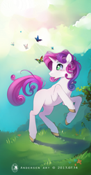 Size: 1572x3000 | Tagged: safe, artist:antiander, character:sweetie belle, species:pony, species:unicorn, blank flank, butterfly, cloud, colored hooves, crepuscular rays, female, filly, grass, looking up, outdoors, solo