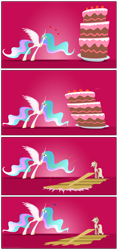 Size: 2037x4308 | Tagged: safe, artist:grievousfan, character:applejack, character:princess celestia, ..., :t, angry, cake, cakelestia, cardboard cutout, celestia is not amused, comic, eyes on the prize, frown, glare, heart, heart eyes, liar face, liarjack, open mouth, portal (valve), reference, scrunchy face, smiling, spread wings, the cake is a lie, tongue out, unamused, wingboner, wingding eyes, wings