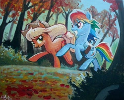 Size: 900x729 | Tagged: safe, artist:yulyeen, character:applejack, character:rainbow dash, running, running of the leaves, traditional art