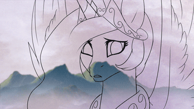 Size: 400x225 | Tagged: safe, artist:rizcifra, character:princess celestia, species:alicorn, species:pony, animated, female, flying, horn, jewelry, lineart, mountain, mountain range, regalia, sad, solo, wings, wip
