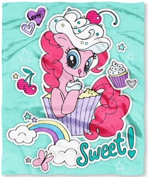 Size: 1193x1426 | Tagged: safe, character:pinkie pie, species:pony, g4, blanket, butterfly, cherry, cupcake, cute, diapinkes, food, merchandise, ponies in food, rainbow, solo, stars, sweet
