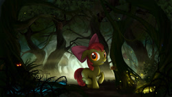 Size: 1661x938 | Tagged: safe, artist:devinian, character:apple bloom, species:earth pony, species:pony, bow, detailed, everfree forest, eyes in the dark, female, filly, forest, glowing eyes, hair bow, lost, poison joke, scenery porn, solo, timber wolf, tree