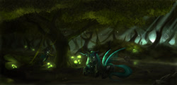 Size: 2287x1106 | Tagged: safe, artist:devinian, character:queen chrysalis, species:changeling, species:pony, changeling queen, female, forest, glowing mushroom, mommy chrissy, mushroom, nymph, scenery, slenderman, spider, spider web, tree