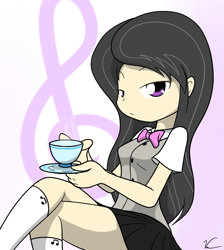 Size: 852x952 | Tagged: safe, artist:sandwich-anomaly, character:octavia melody, species:human, bow tie, clothing, female, humanized, kneesocks, miniskirt, school uniform, skirt, solo, tea, younger
