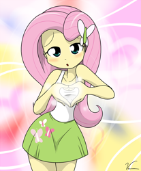Size: 826x1000 | Tagged: safe, artist:sandwich-anomaly, character:fluttershy, my little pony:equestria girls, :o, blushing, breasts, cleavage, clothing, cute, female, glow, heart, heart hands, looking at you, miniskirt, moe, moe moe kyun, shyabetes, skirt, solo
