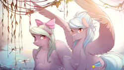 Size: 2560x1440 | Tagged: dead source, safe, artist:antiander, character:cloudchaser, character:flitter, species:pegasus, species:pony, g4, big wings, bow, dragonfly, duo, duo female, eye clipping through hair, eyebrows, eyebrows visible through hair, female, hair bow, mare, raised hoof, spread wings, tongue out, wallpaper, wings