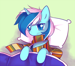 Size: 800x706 | Tagged: safe, artist:pekou, character:minuette, species:pony, species:unicorn, bed, clothing, female, fourth doctor's scarf, mare, pillow, scarf, solo