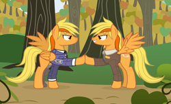Size: 3316x2034 | Tagged: safe, alternate version, artist:ruhisu, oc, oc:brave wing, species:pegasus, species:pony, autumn, brothers, clothing, crossover, eye contact, fanfic, forest, grin, headband, hoofbump, iron moon, jacket, prosthetics, smiling, smirk, soldier, spread wings, uniform, wings