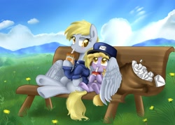 Size: 3650x2603 | Tagged: safe, artist:pridark, character:derpy hooves, character:dinky hooves, bag, bench, clothing, cute, drink, drinking, equestria's best mother, filly, grass, hat, hoof hold, hug, juice, juice box, letter, mail, mailbag, mailmare, mailpony, muffin, sitting, smiling, spread wings, straw, underhoof, winghug, wings