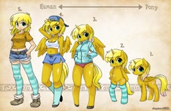 Size: 3000x1941 | Tagged: safe, artist:shepherd0821, oc, oc only, oc:ticket, species:alicorn, species:anthro, species:human, species:pony, species:unguligrade anthro, alicorn oc, anthro chart, anthro oc, anthro with ponies, armpits, backwards ballcap, baseball cap, belly button, bipedal, chart, cleavage, clothing, female, hat, humanized, light skin, line-up, midriff, semi-anthro, shiny, shorts, socks, solo, sports panties, stockings, striped socks