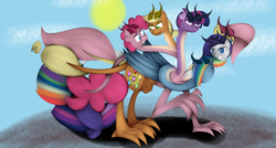 Size: 1024x548 | Tagged: safe, artist:madacon, character:applejack, character:fluttershy, character:pinkie pie, character:rainbow dash, character:rarity, character:twilight sparkle, appleflaritwidashpie, ask hydra mane 6, fusion, hydra, hydra pony, hydrafied, mane six, mane six hydra, multiple heads, six heads, species swap, tiamat, wat, we have become one, what has science done, you need me